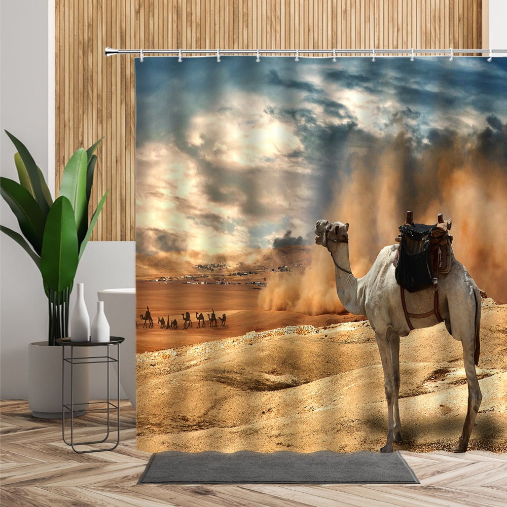 Egypt Landscape Shower Curtain Set Pyramid Desert 3D Bathroom Decors Sunset Dusk Natural Scenery Waterproof Fabric Bath Curtains