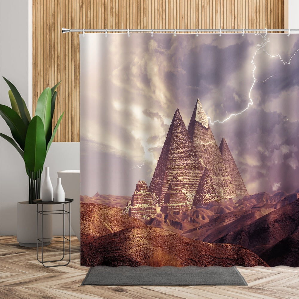 Egypt Landscape Shower Curtain Set Pyramid Desert 3D Bathroom Decors Sunset Dusk Natural Scenery Waterproof Fabric Bath Curtains