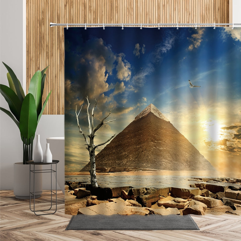 Egypt Landscape Shower Curtain Set Pyramid Desert 3D Bathroom Decors Sunset Dusk Natural Scenery Waterproof Fabric Bath Curtains