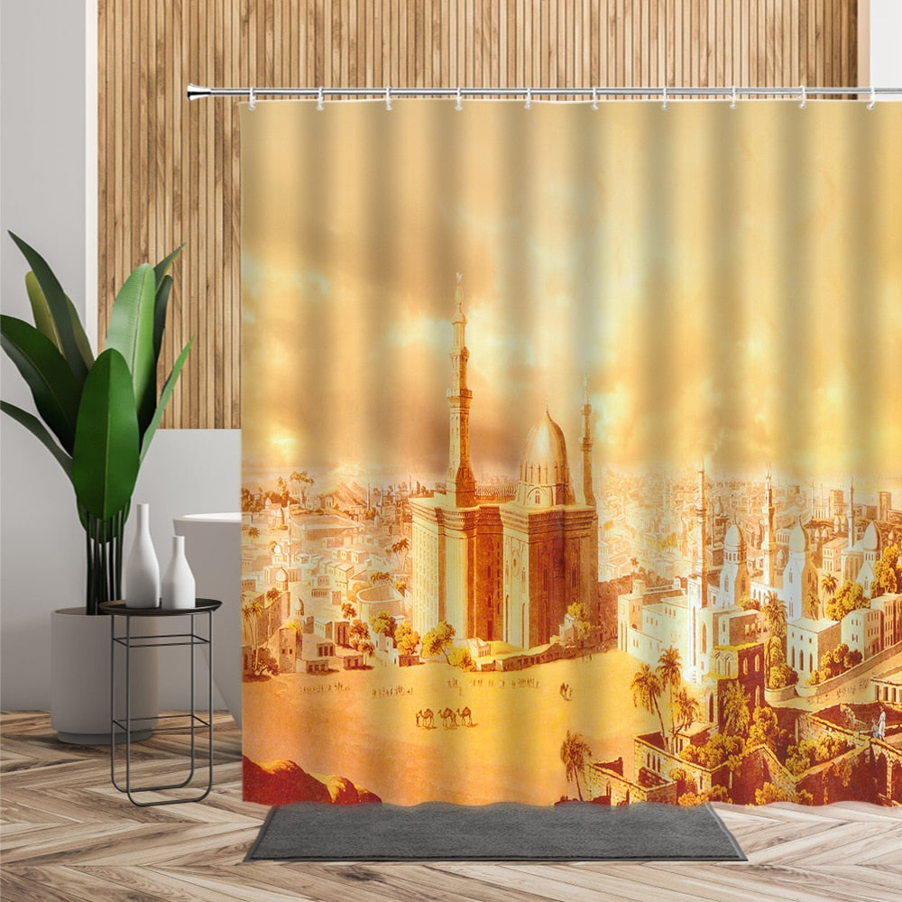 Egypt Landscape Shower Curtain Set Pyramid Desert 3D Bathroom Decors Sunset Dusk Natural Scenery Waterproof Fabric Bath Curtains
